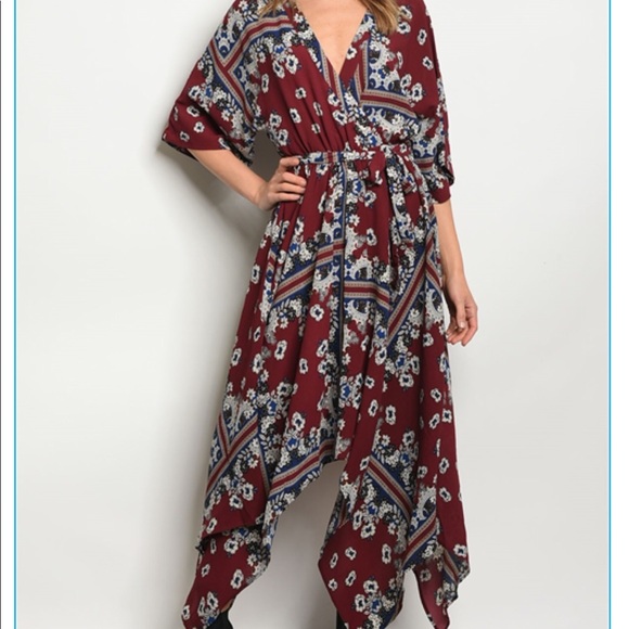 1 Left! Wine Floral Print Handkerchief Midi Dress - Picture 3 of 8